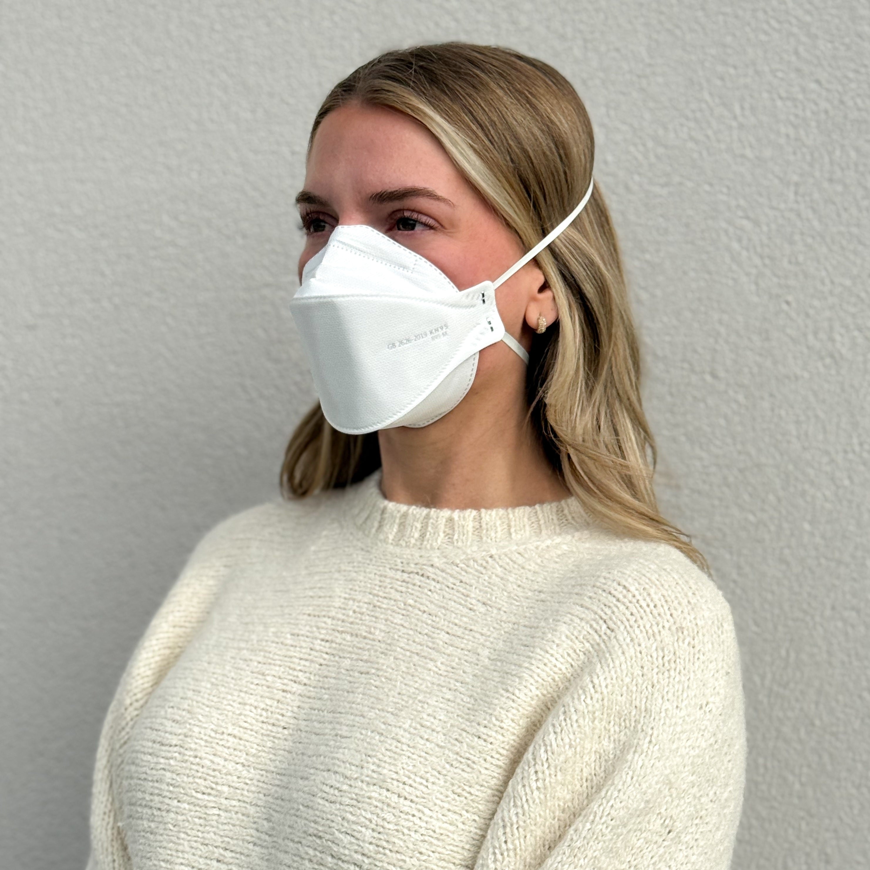 woman facing left wearing white KN95 breathable headband mask made by Breatheteq and Canada Masq