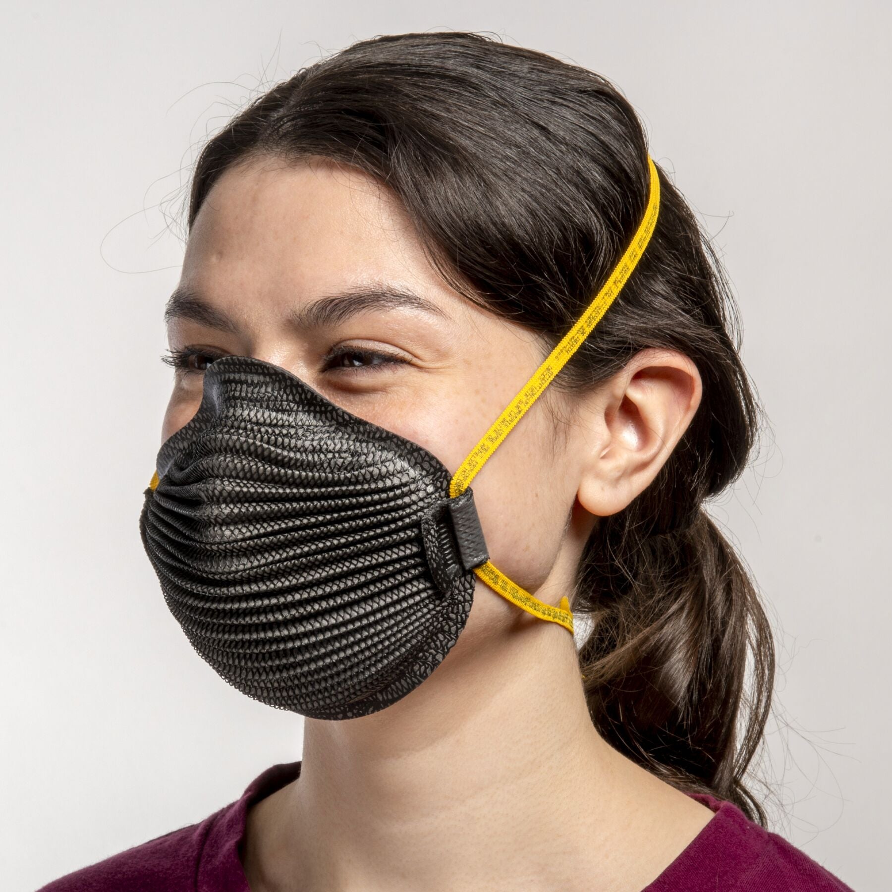 Woman wearing size small Moldex M4621 black NIOSH N95 respirator mask with yellow straps MRI safe from canada strong masks
