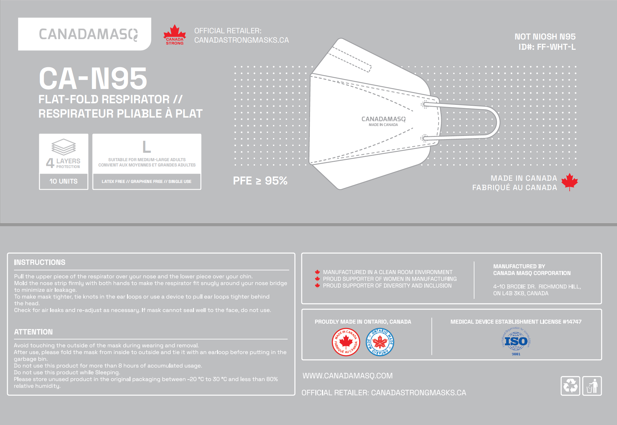 canada masq large adult white respirator mask box