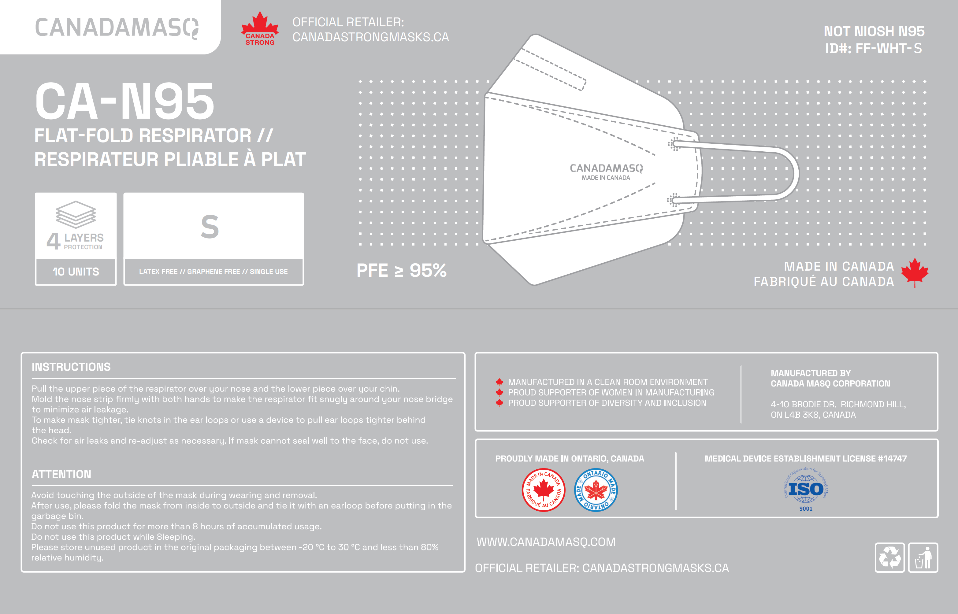 Canada Masq CA-N95 size small respirator mask bag packaging